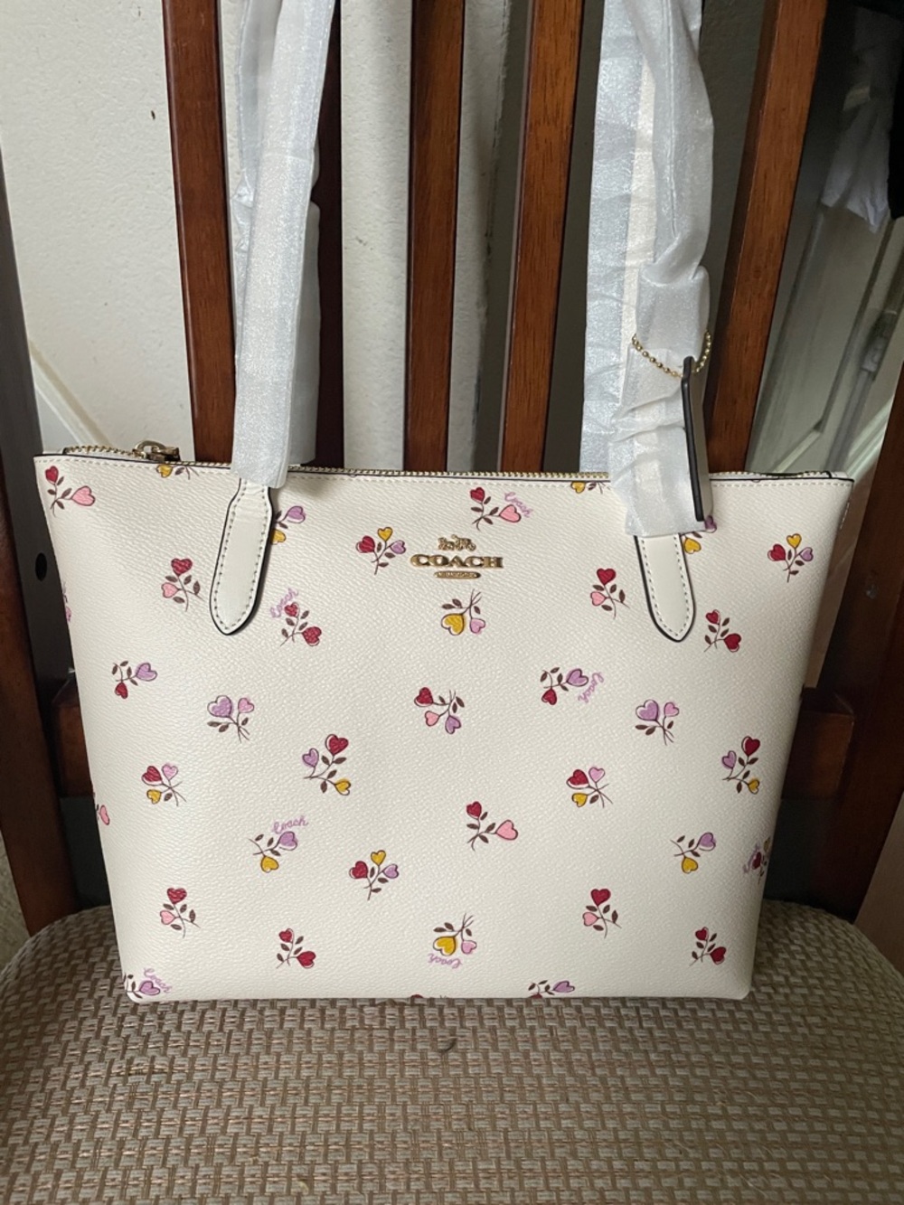 Coach Cream Fiona Tote with Pink, Red & Yellow Floral Print